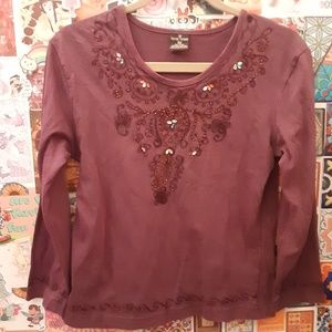 Sacred Threads S Purple 100% Cotton Rhinestones Beaded Embroidered LS Y2K Top